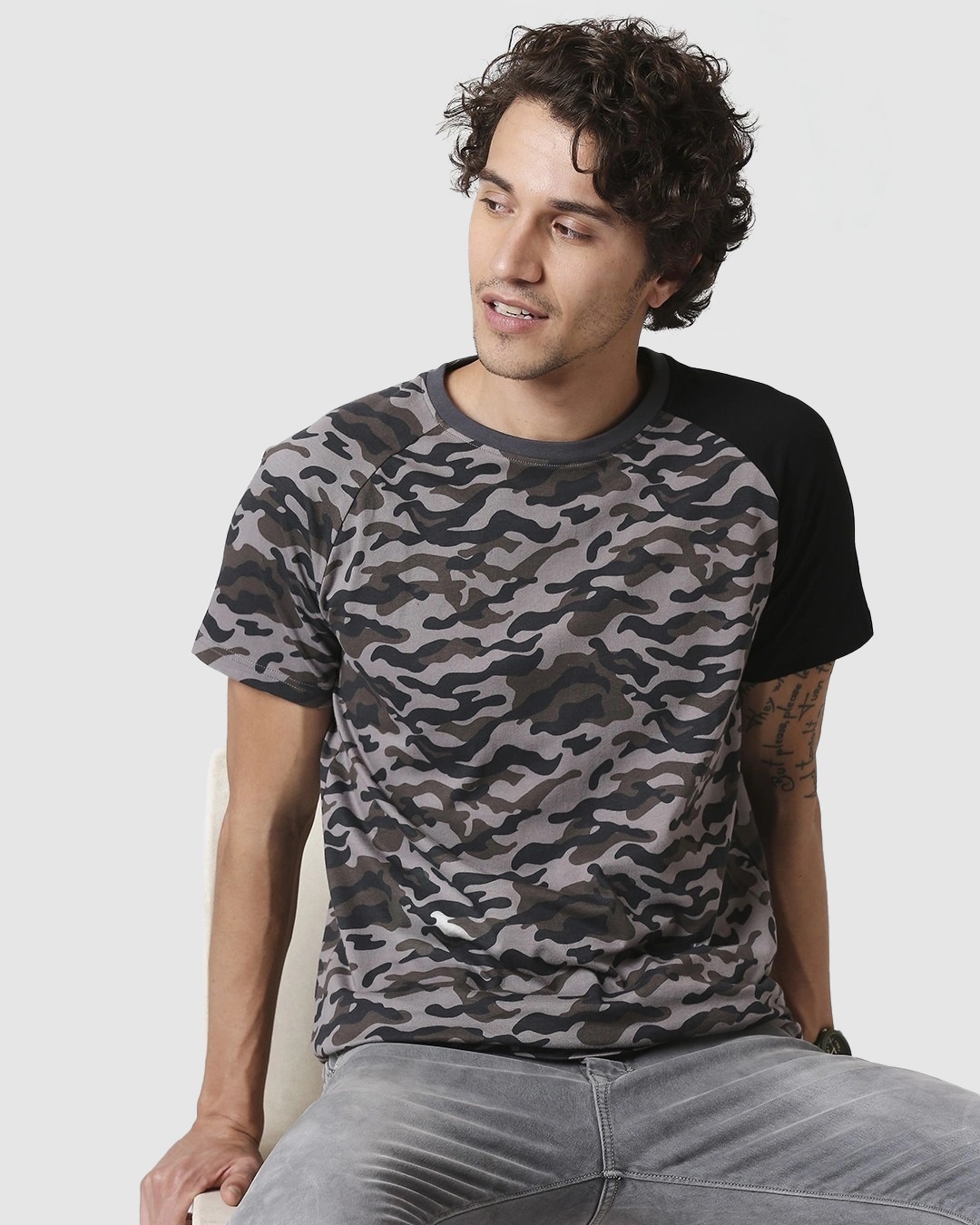Shop Grey Camo Sleeve Raglan Camo T-Shirt-Front