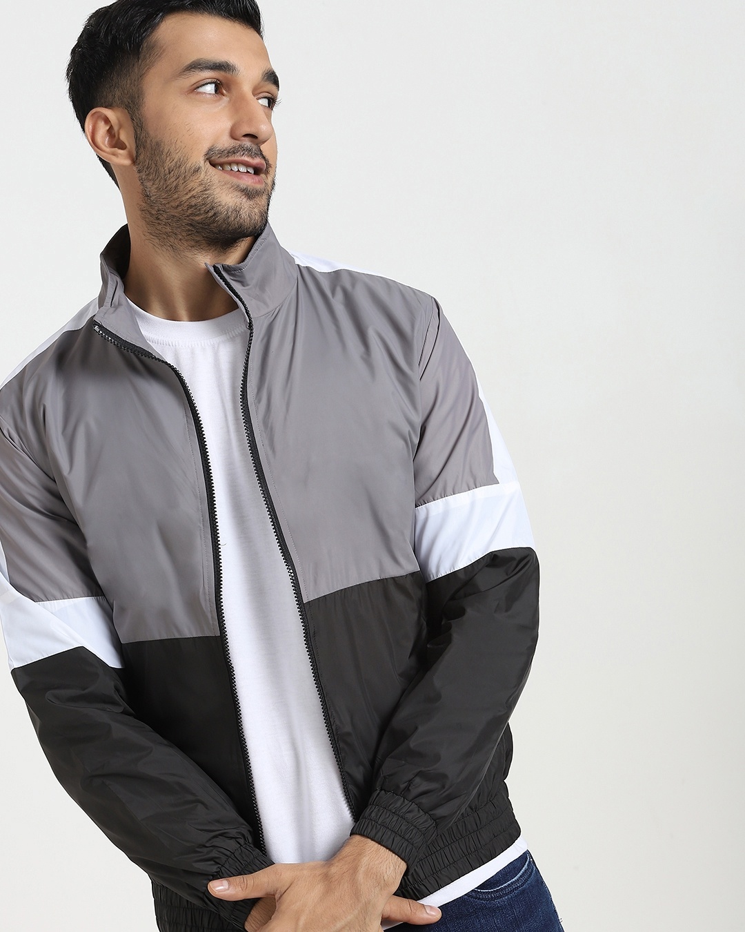 yellow shirt paired with Men's Grey & Black Colour Block Windcheater Jacket