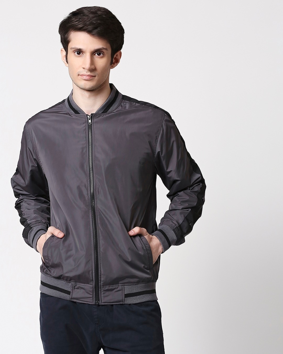 Buy Grey Scuba Strip Bomber Jacket for Men grey,black Online at Bewakoof