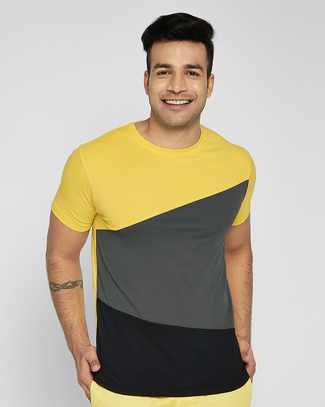 Shop Happy Yellow Color Block T-Shirt-Front