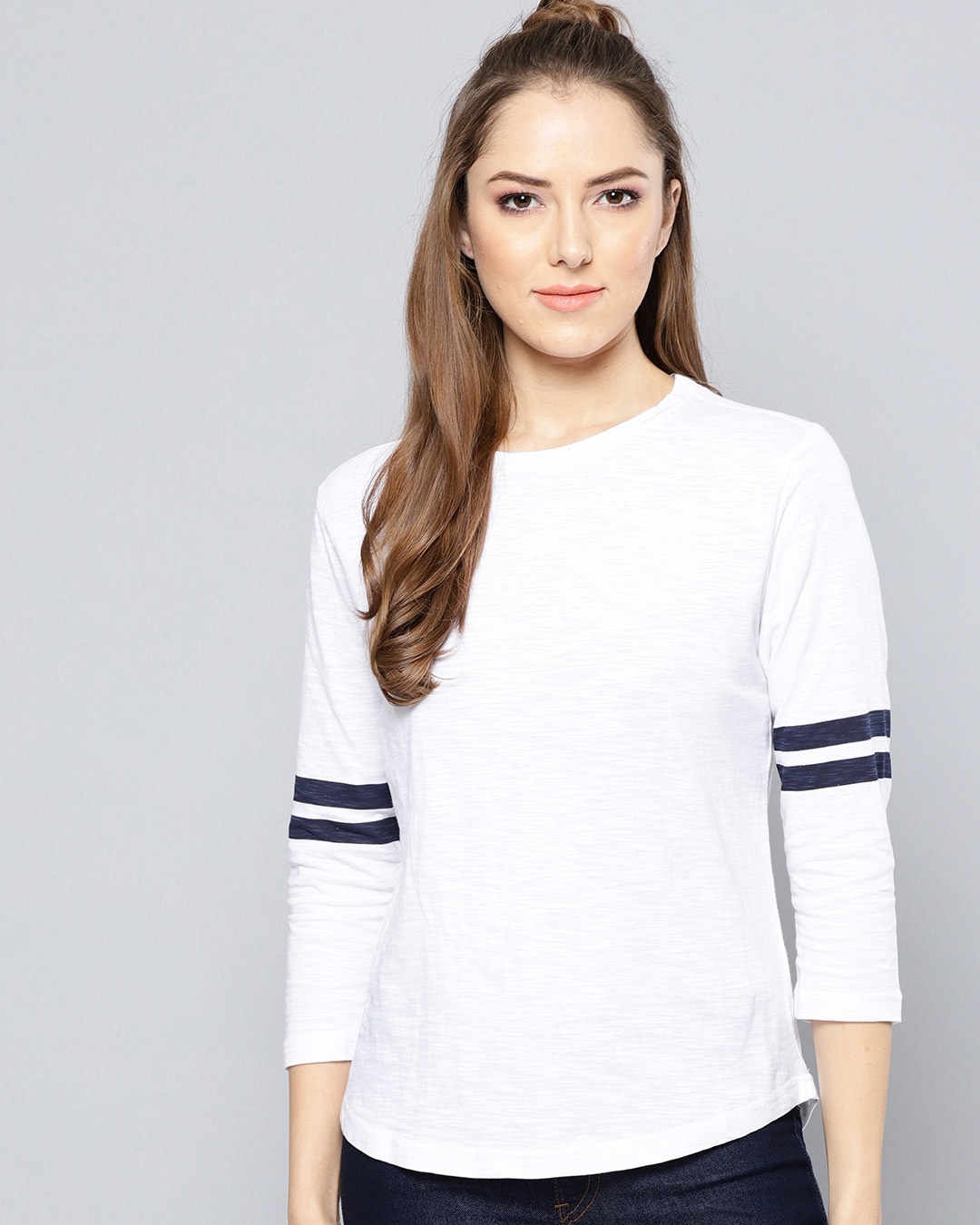 Shop Women Round Neck Three Quarter Sleeves Solid Top-Front