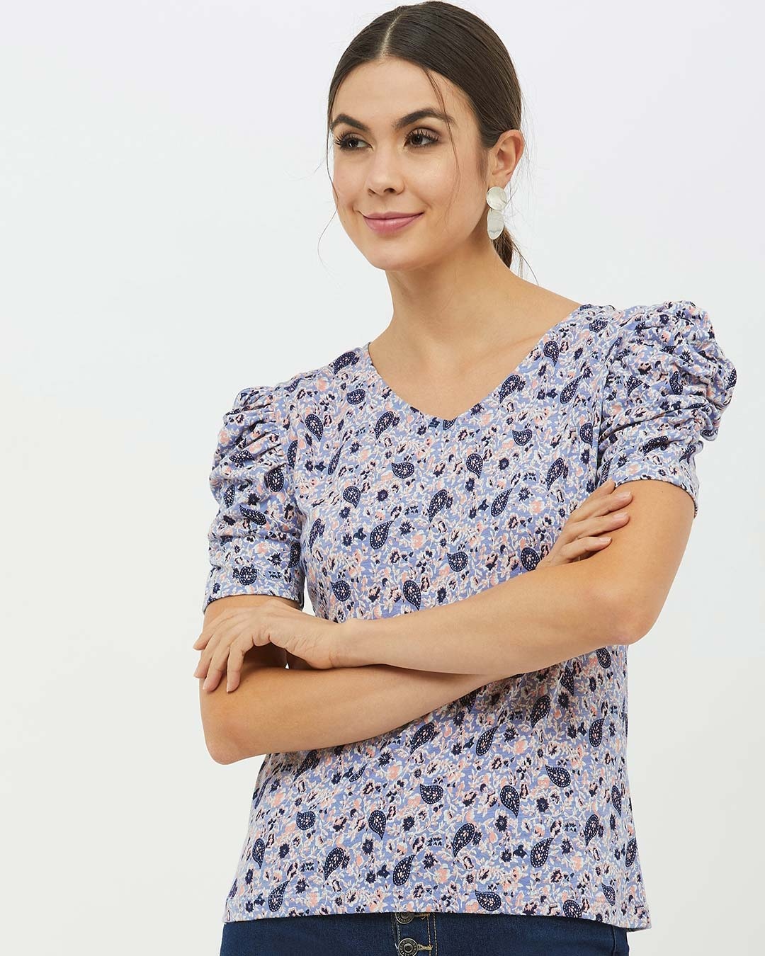 Shop Women V Neck Short Sleeves Printed T Shirt-Front