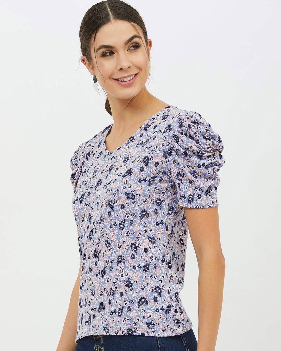 Shop Women V Neck Short Sleeves Printed T Shirt-Full