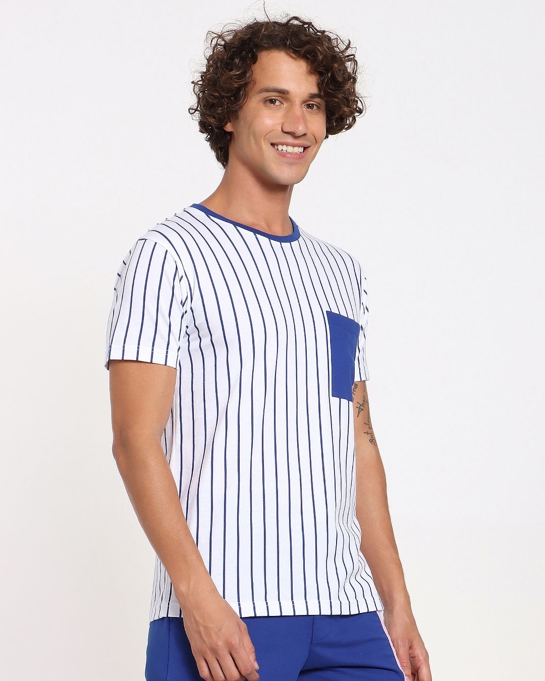 Shop Hashtag Blue Stripe Pocket T-Shirt-Design