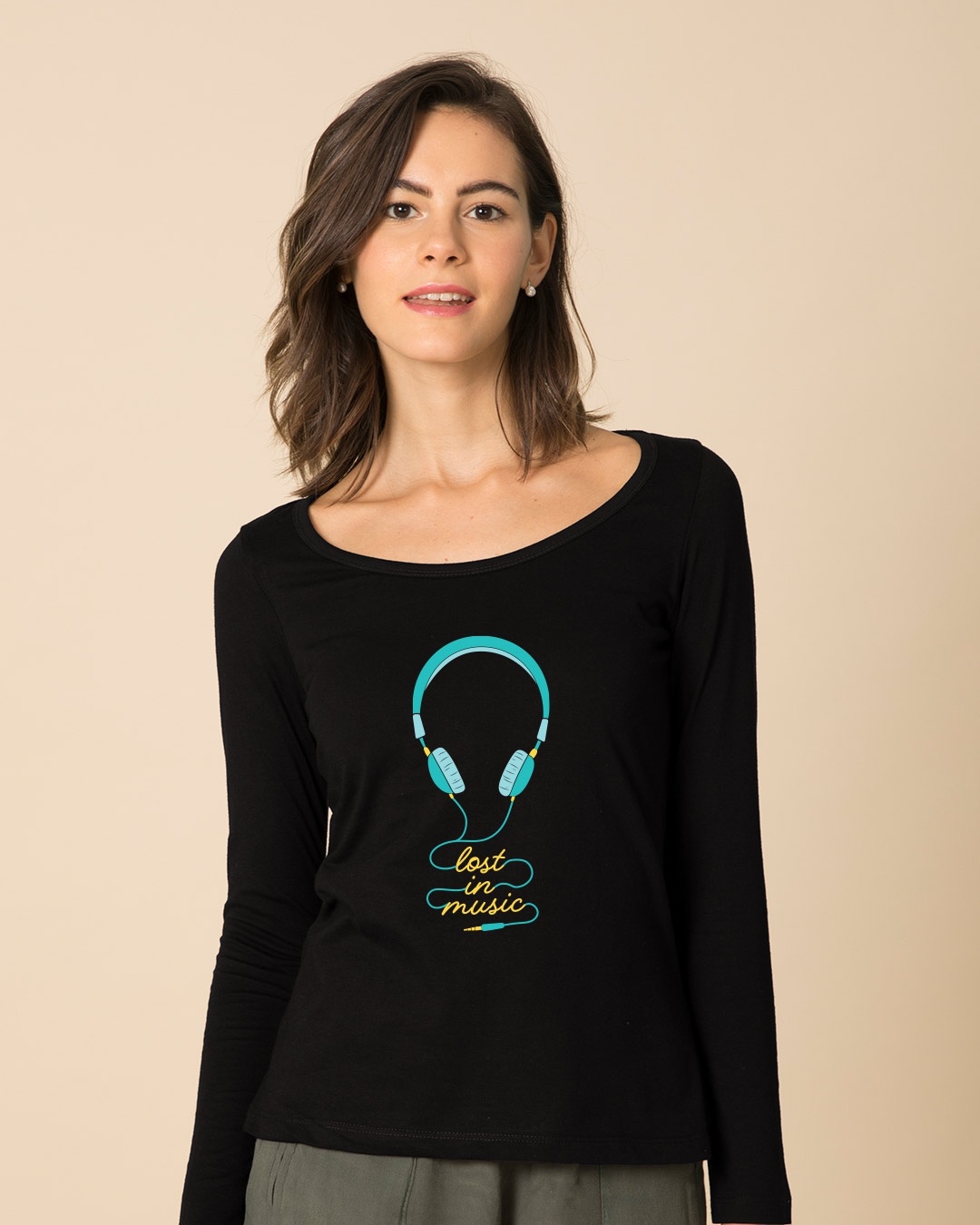 Shop Headphone Music Scoop Neck Full Sleeve T-Shirt-Front