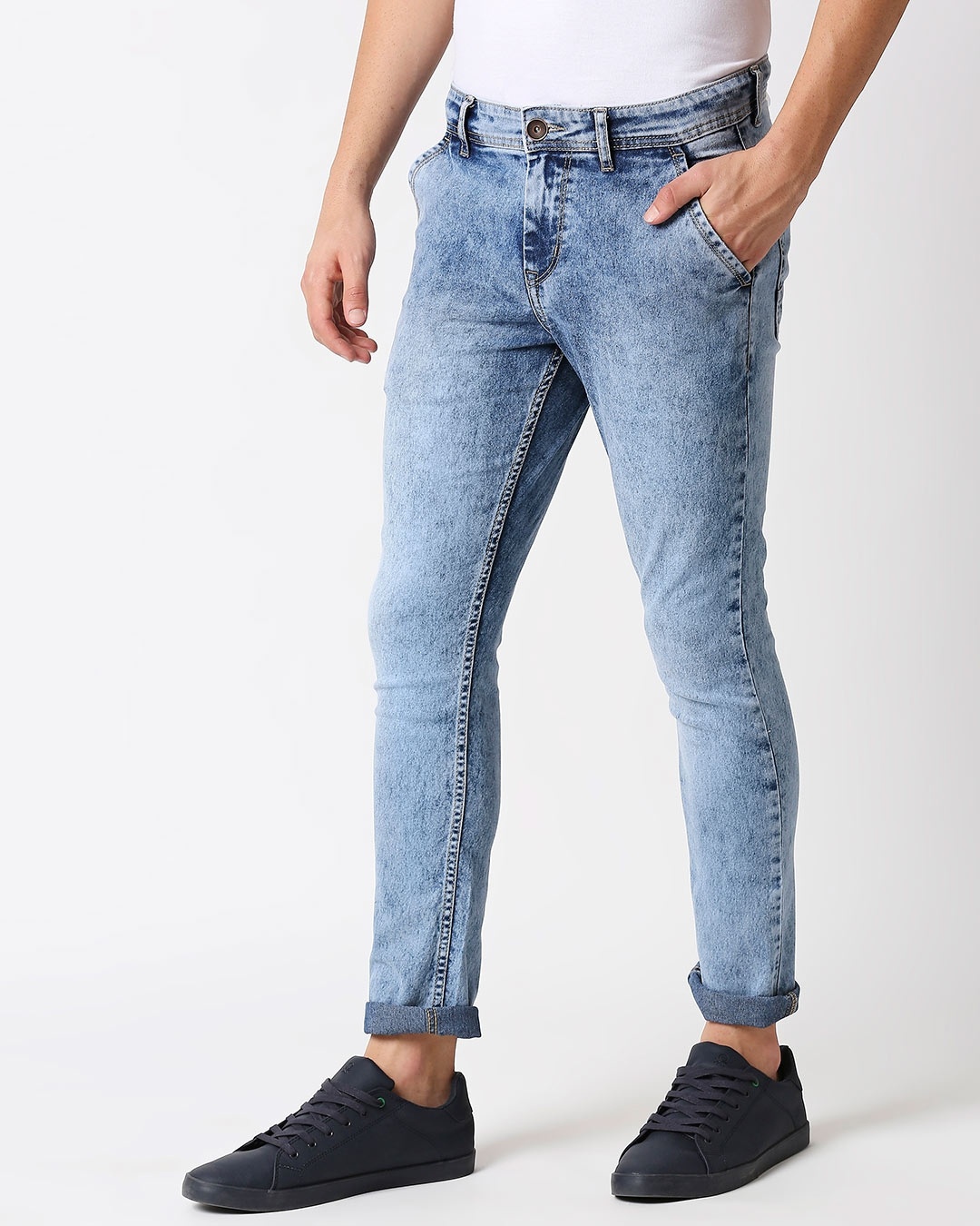 Shop Men Blue Slim Fit Mid Rise Clean Look Stretchable Ankle Length Jeans-Back