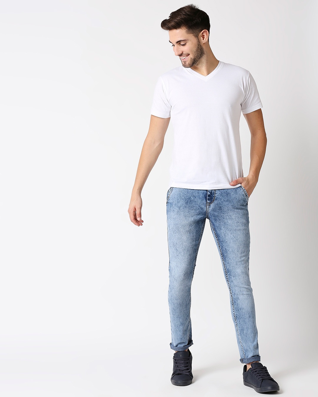 Shop Men Blue Slim Fit Mid Rise Clean Look Stretchable Ankle Length Jeans-Full
