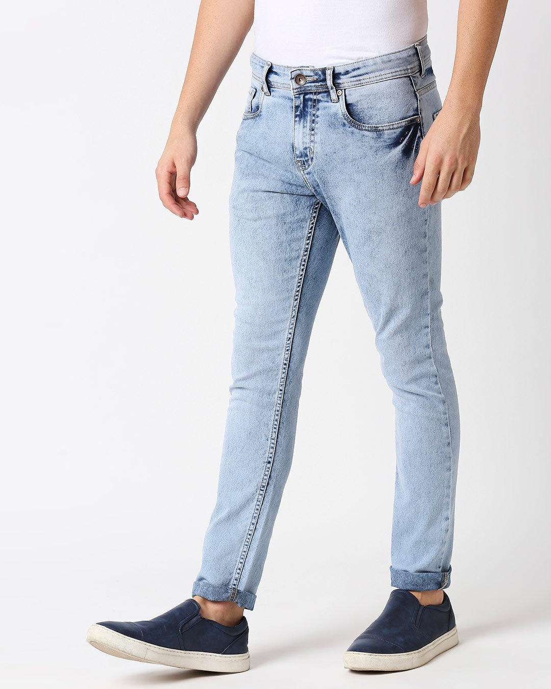 Shop Men Blue Slim Fit Mid Rise Clean Look Stretchable Jeans-Back
