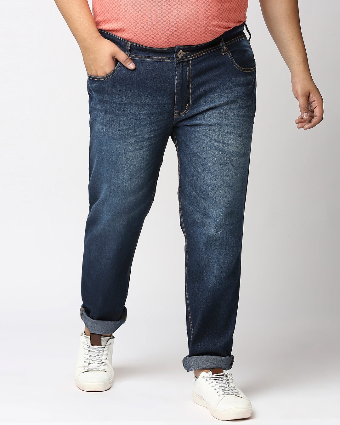 Shop Plus Size Men Blue Regular Fit Mid Rise Clean Look Jeans-Front