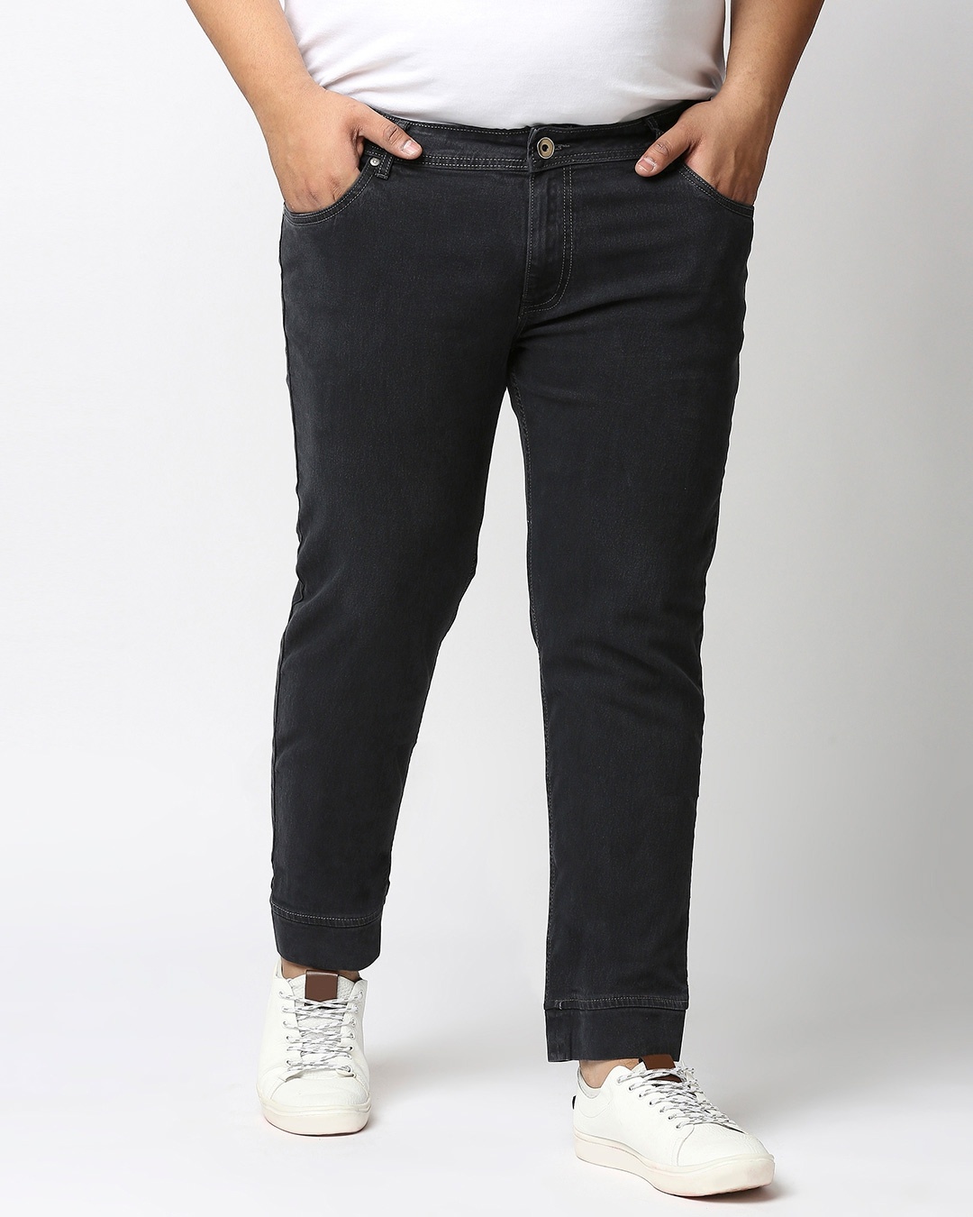 Shop Plus Size Men Grey Jogger Fit Mid Rise Clean Look Joggers Jeans-Front