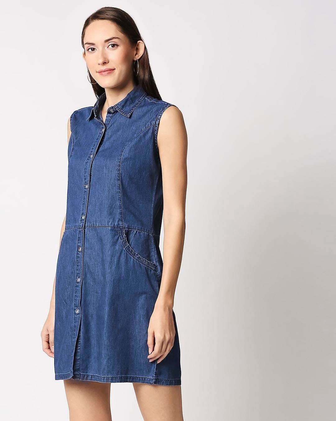 Shop Women Blue Solid Shirt Dress-Back