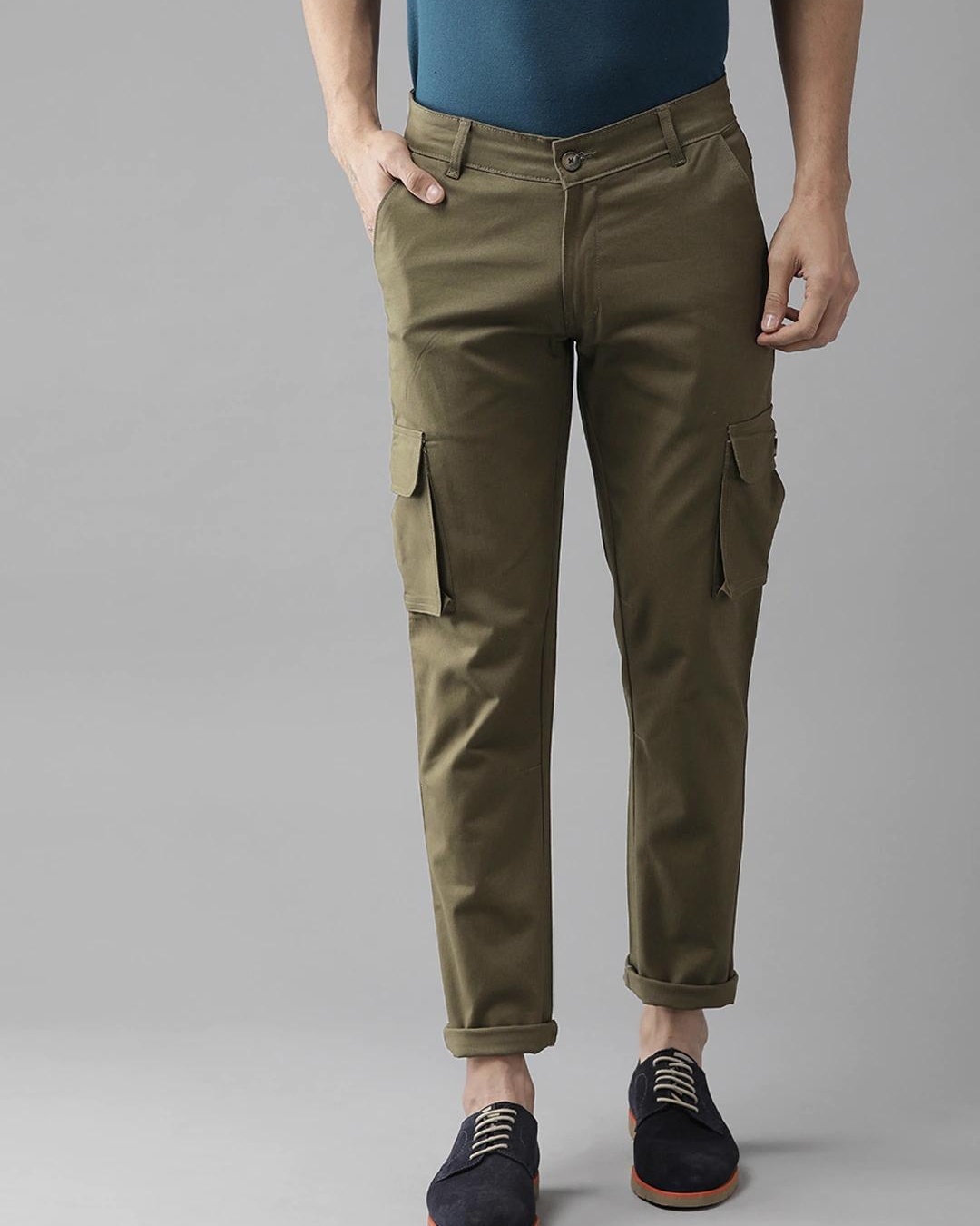 Mens Khaki Green Cuffed Cargo Trouser Combat Pants  Threadbare