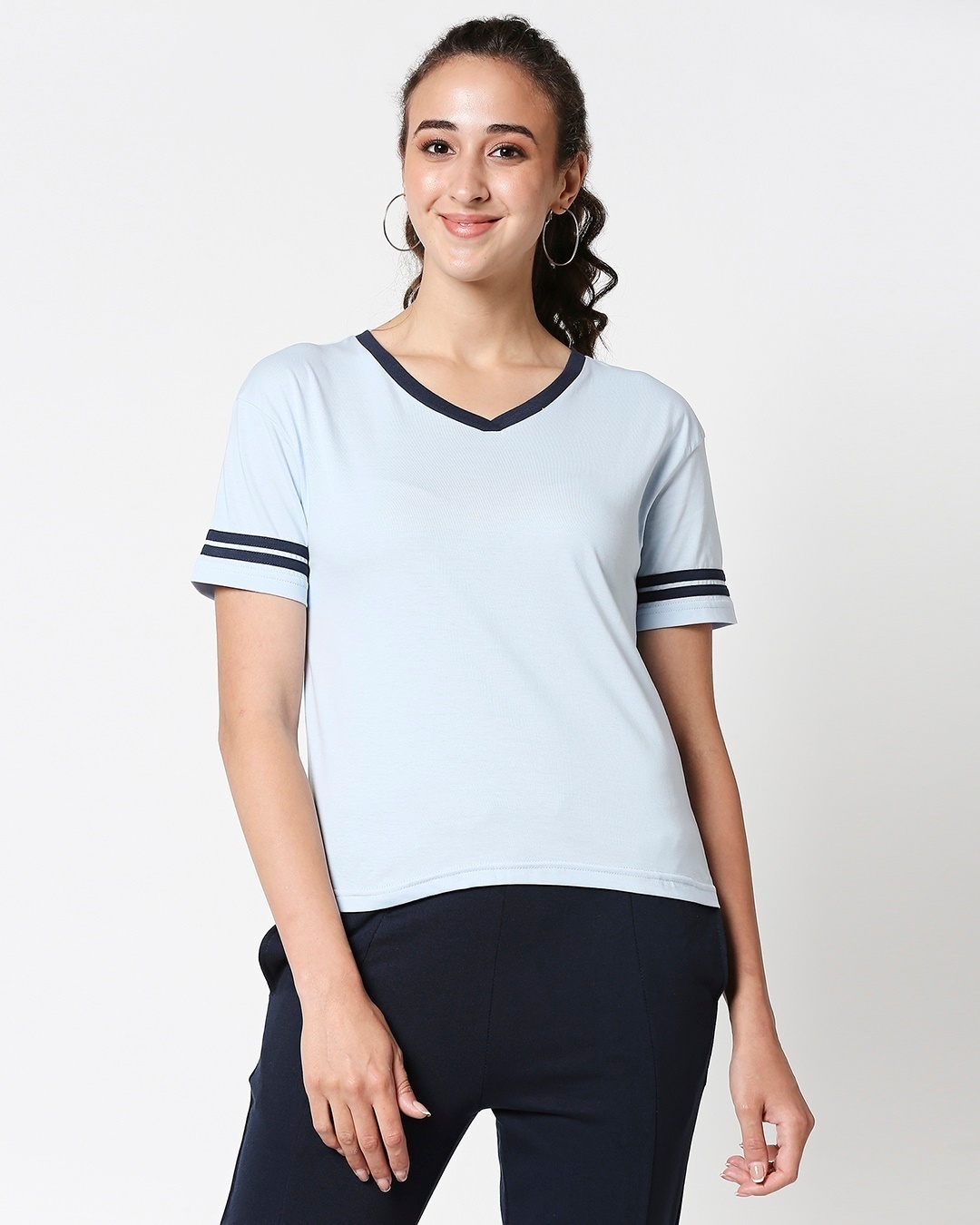 Shop Ice Water Blue V Neck Stripe Sleeves T-Shirt-Back