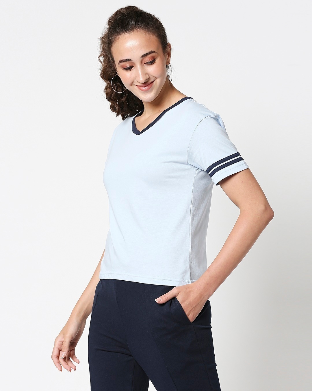 Shop Ice Water Blue V Neck Stripe Sleeves T-Shirt-Design