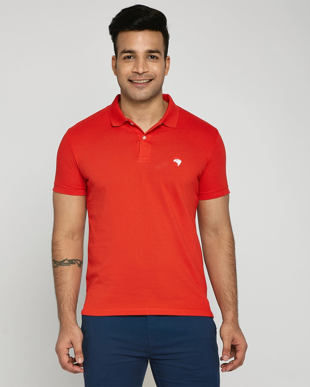 Shop Imperial Red-White Contrast Collar Pique Polo T-Shirt-Front