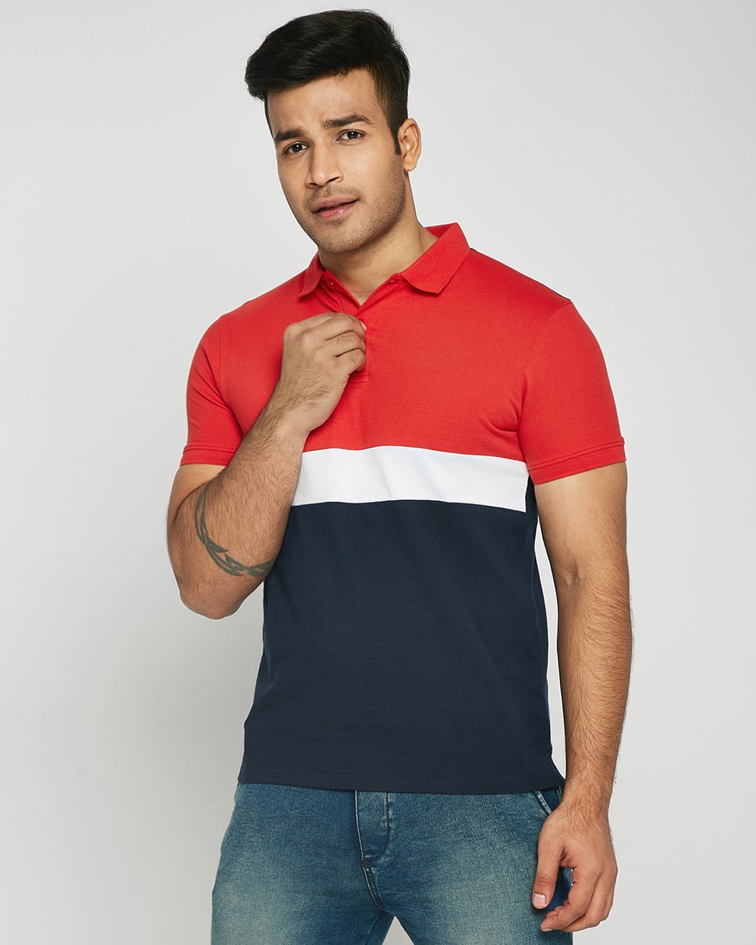 Shop Imperial Red-White-Dark Navy Triple Block Polo T-Shirt-Front