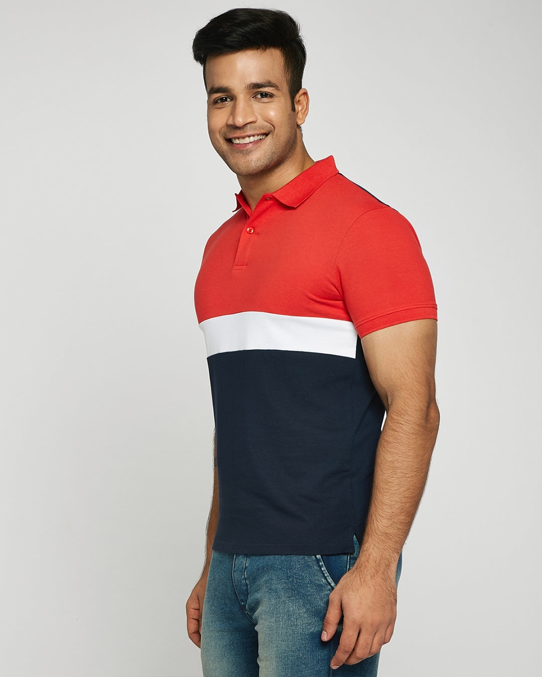 Shop Imperial Red-White-Dark Navy Triple Block Polo T-Shirt-Back