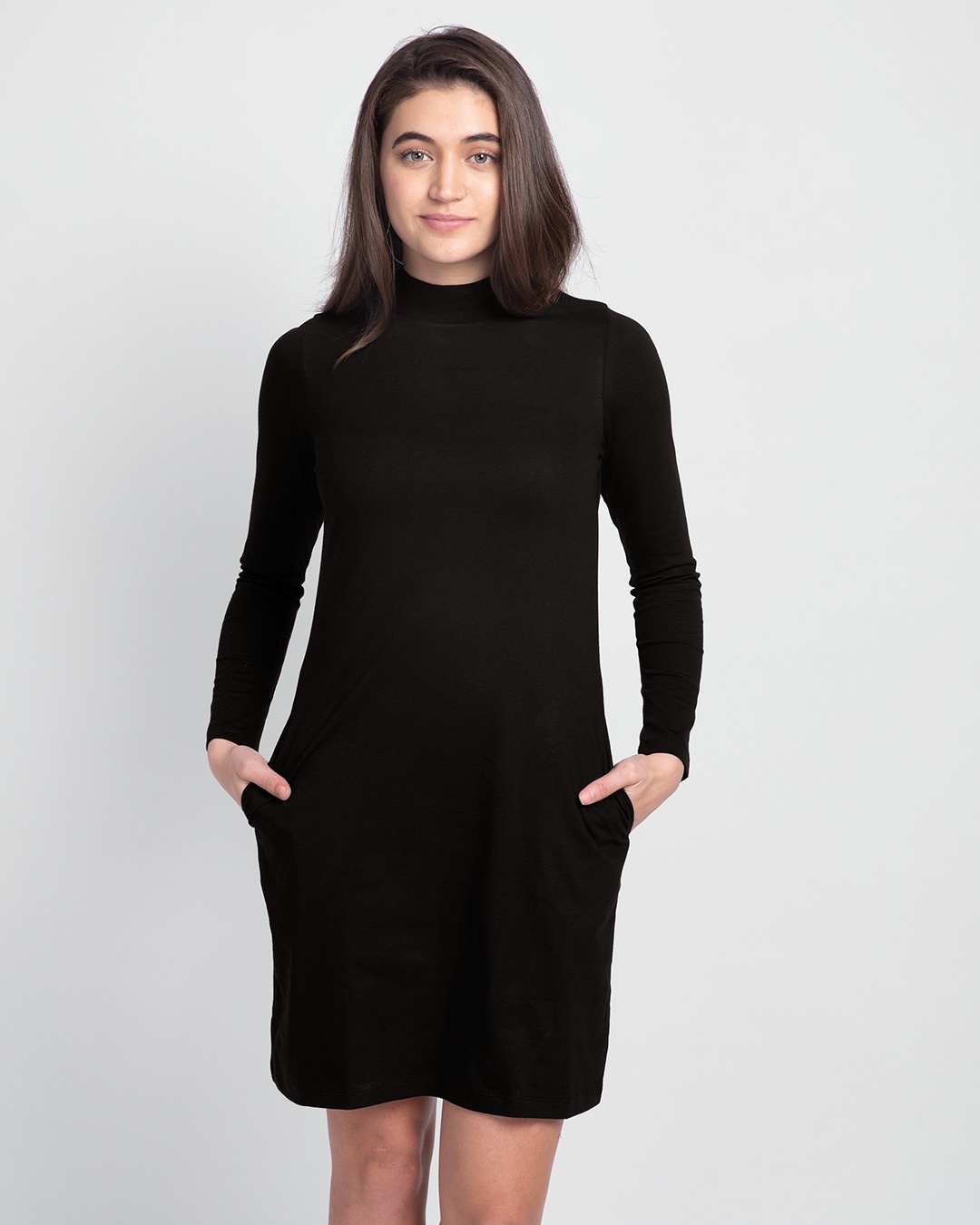 Shop Jet Black High Neck Pocket Dress-Front