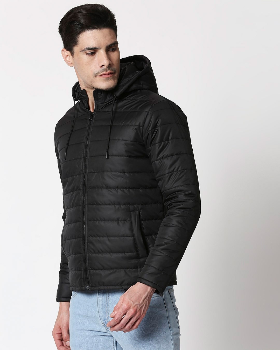 Shop Men's Black Puffer Jacket with Detachable Hood-Front
