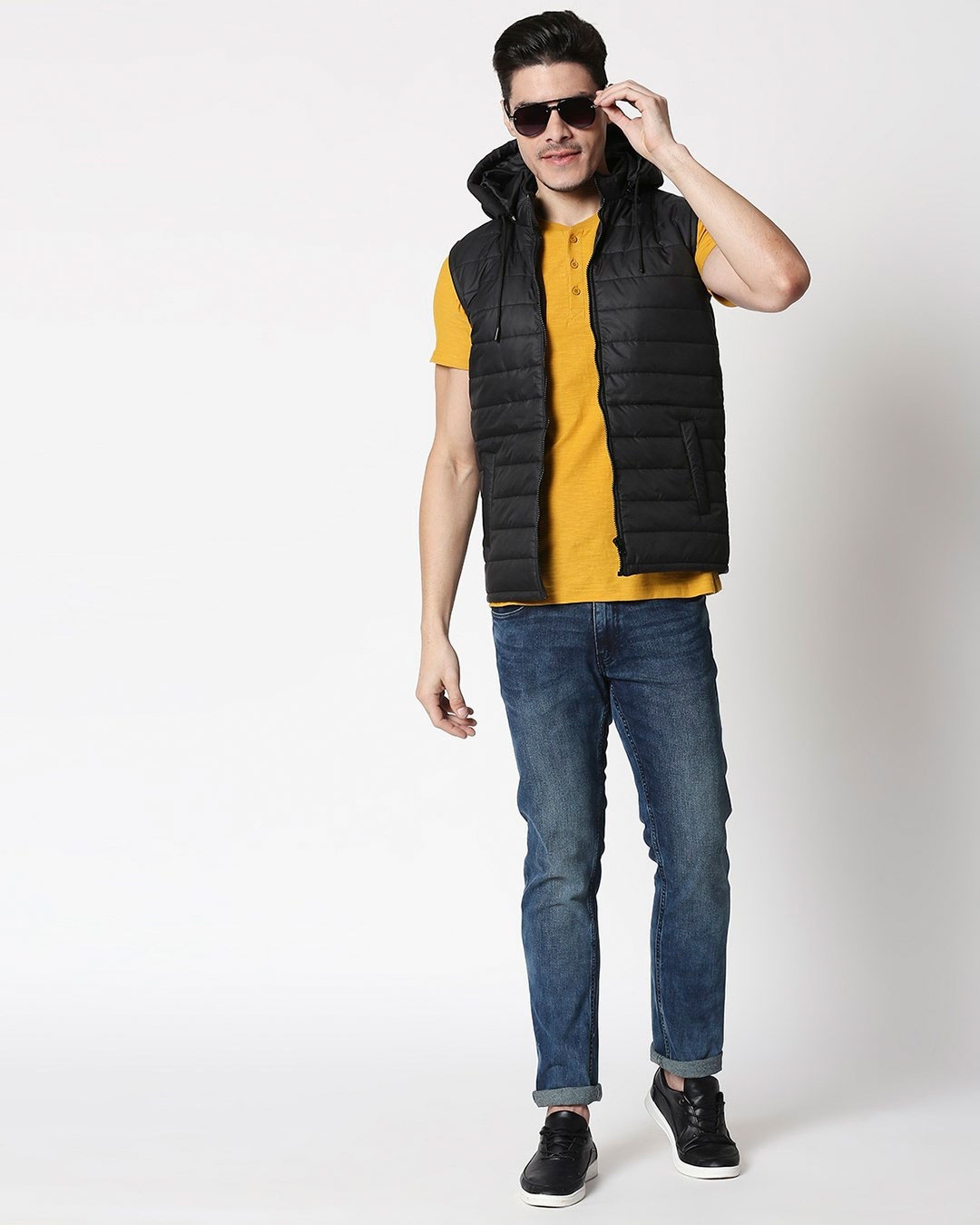 Shop Jet Black Plain Sleeveless Puffer Jacket with Detachable Hood