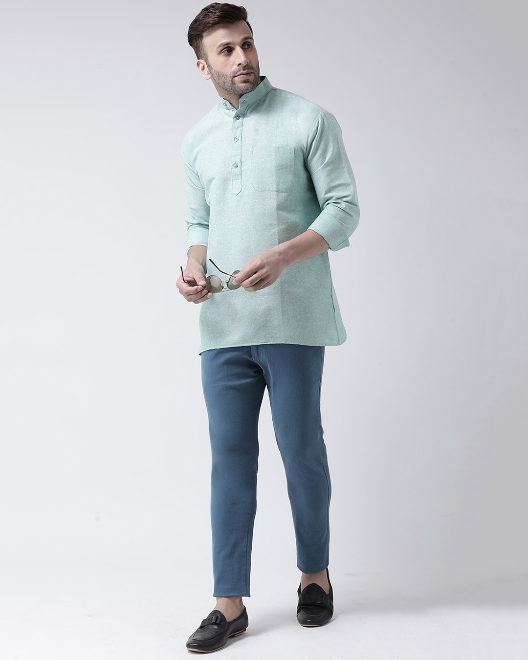 Shop Mens Pure Cotton Solid Short Kurta In Full Sleeve-Front