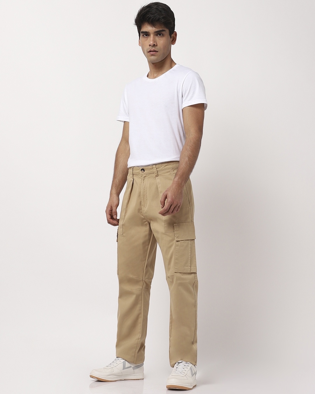 Shop Khaki Cargo Chino Joggers with Pleats-Full
