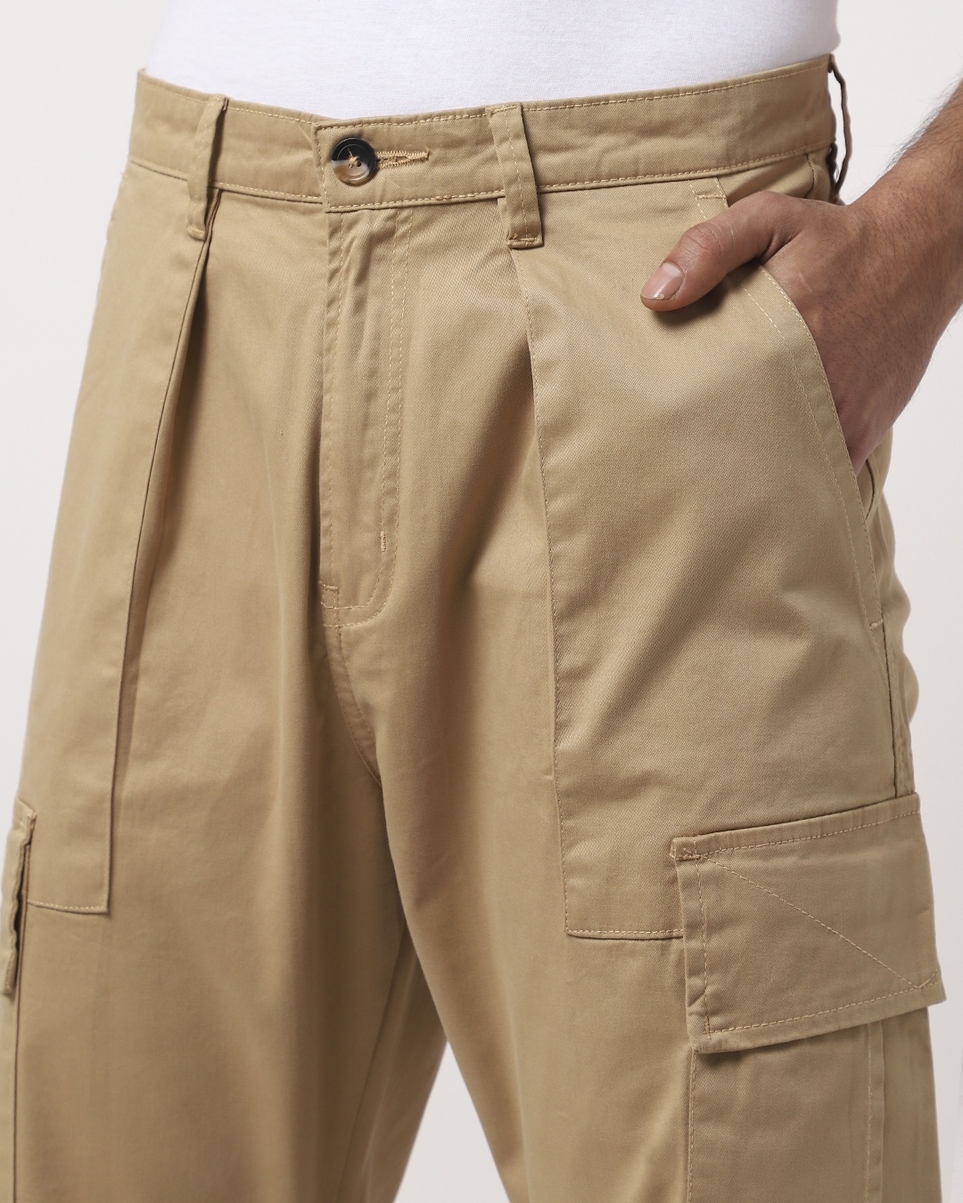 Shop Khaki Cargo Chino Joggers with Pleats
