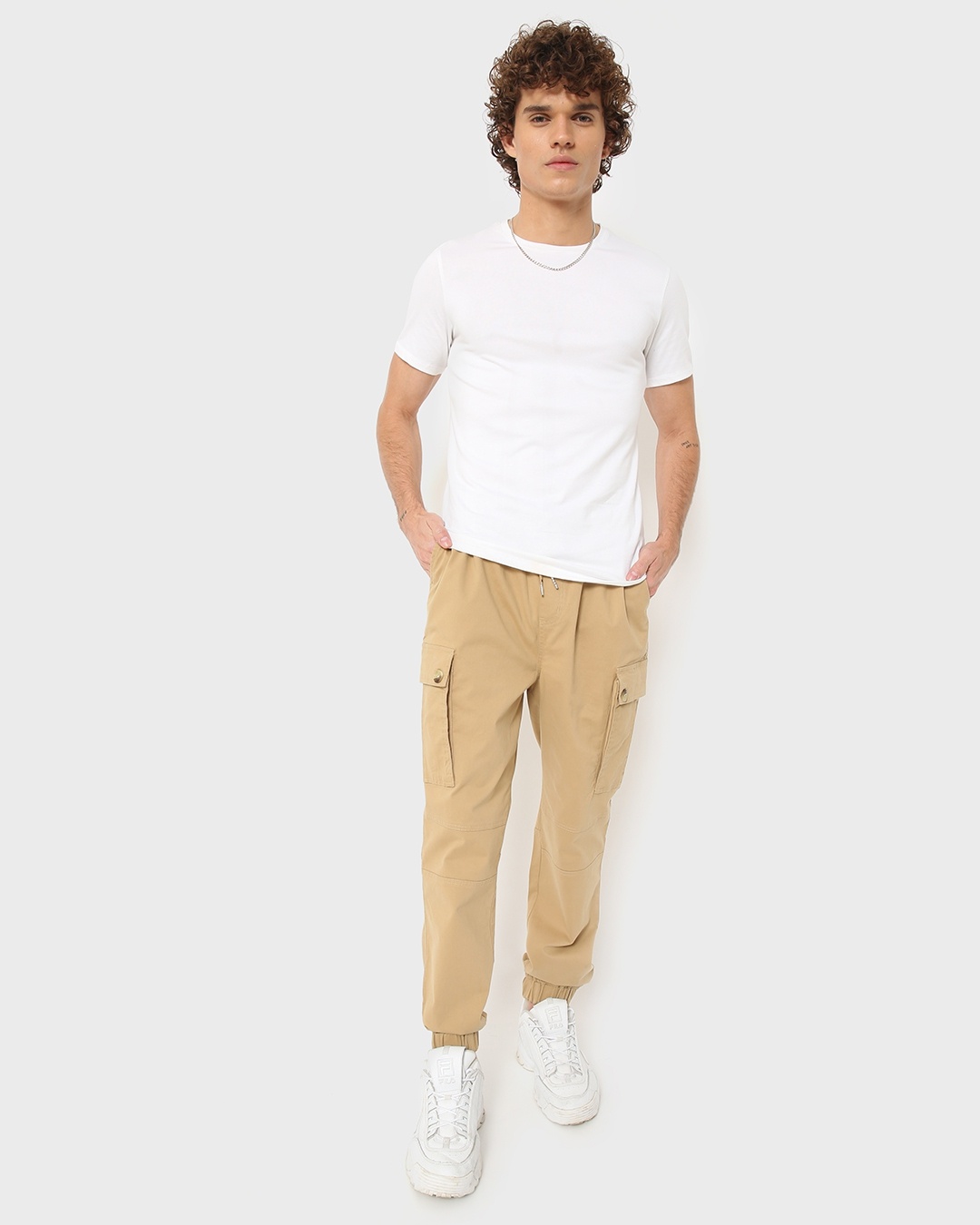 Shop Khaki Elastic Waistband Cargo Pants-Full