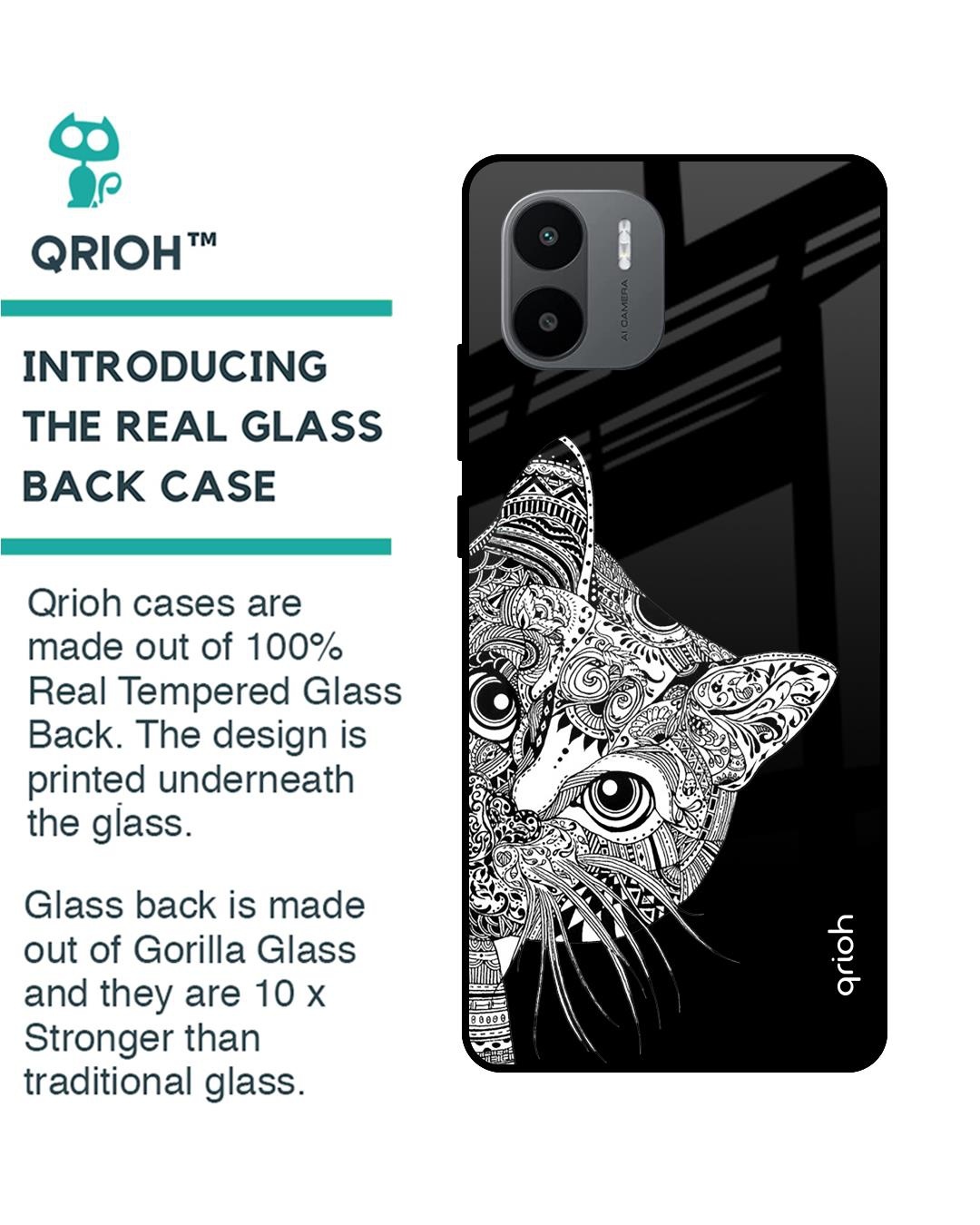 Shop Kitten Mandala Printed Premium Glass Case for Redmi A1plus (Shock Proof,Scratch Resistant)-Back
