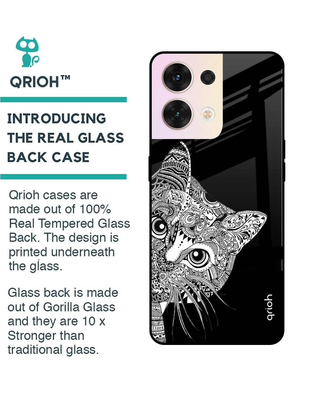 Shop Kitten Mandala Printed Premium Glass Cover for Oppo Reno8 5G (Shock Proof, Scratch Resistant)-Back