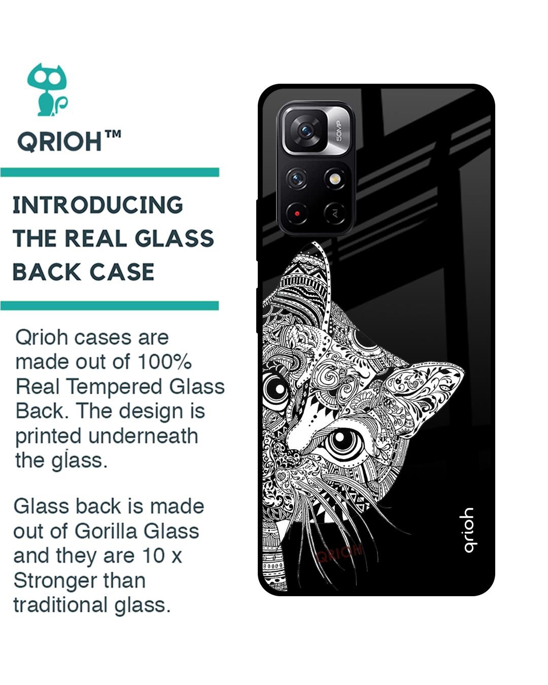 Shop Kitten Mandala Printed Premium Glass Cover For Redmi Note 11T 5G (Impact Resistant, Matte Finish)-Back