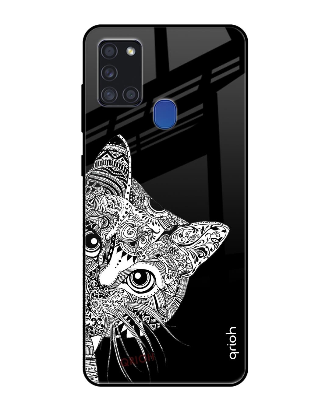 Shop Kitten Mandala Printed Premium Glass Cover For Samsung Galaxy A21s(Impact Resistant, Matte Finish)-Front