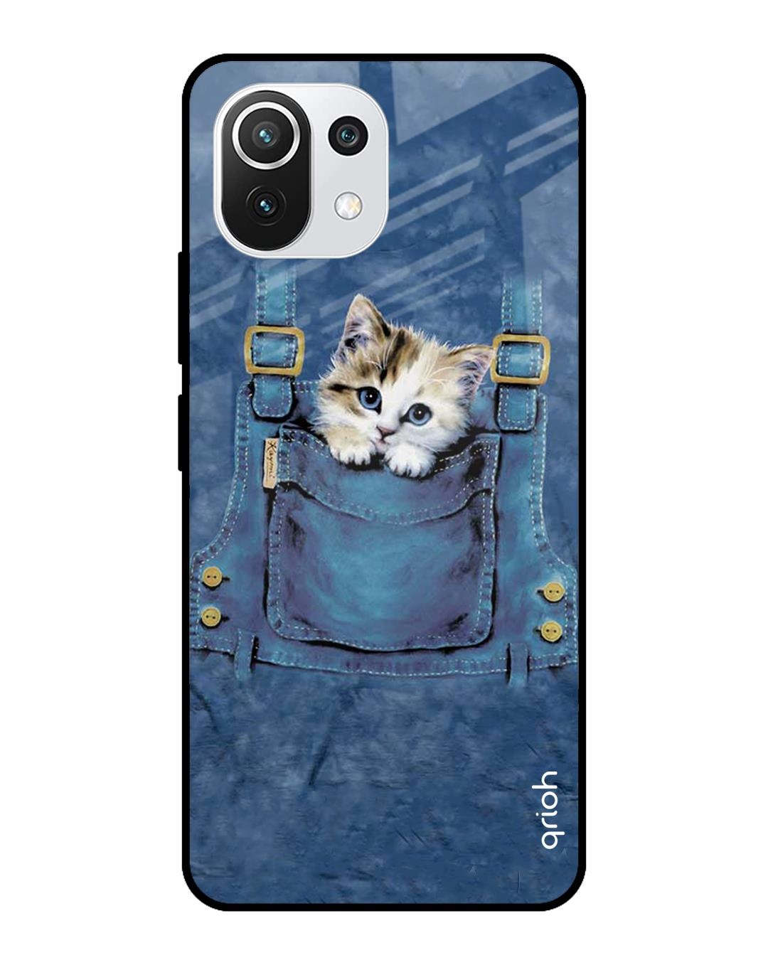 Shop Kitty In Pocket Printed Premium Glass Cover For Mi 11 Lite NE 5G (Impact Resistant, Matte Finish)-Front
