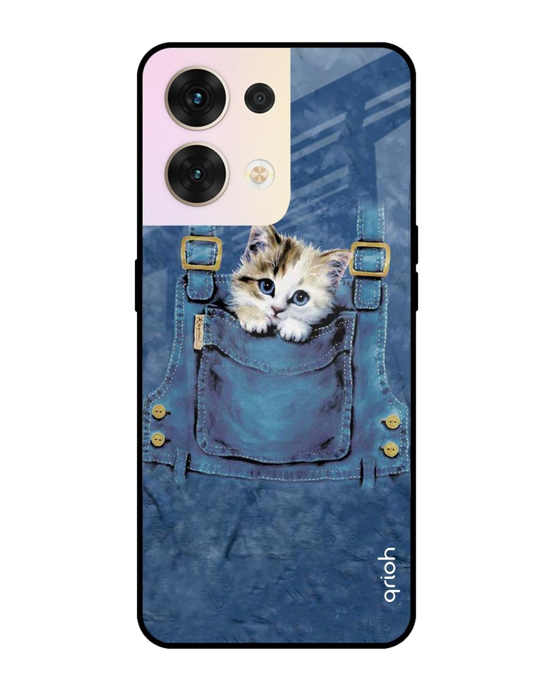 Shop Kitty In Pocket Printed Premium Glass Cover for Oppo Reno8 5G (Shock Proof, Scratch Resistant)-Front