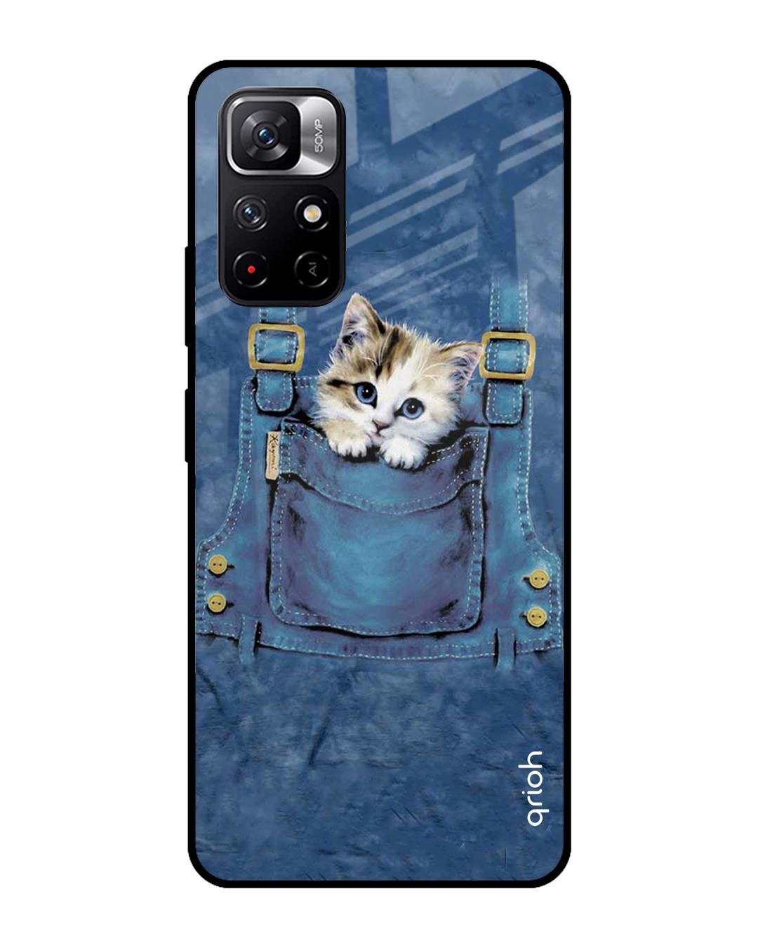 Shop Kitty In Pocket Printed Premium Glass Cover For Redmi Note 11T 5G (Impact Resistant, Matte Finish)-Front