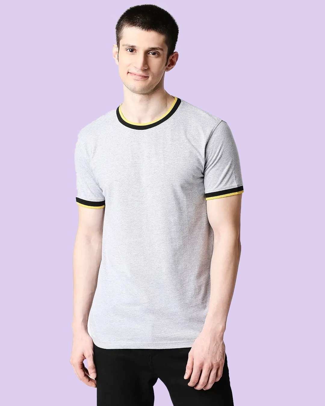 Shop Light Grey Melange Round neck Varsity H/S T-shirt-Front
