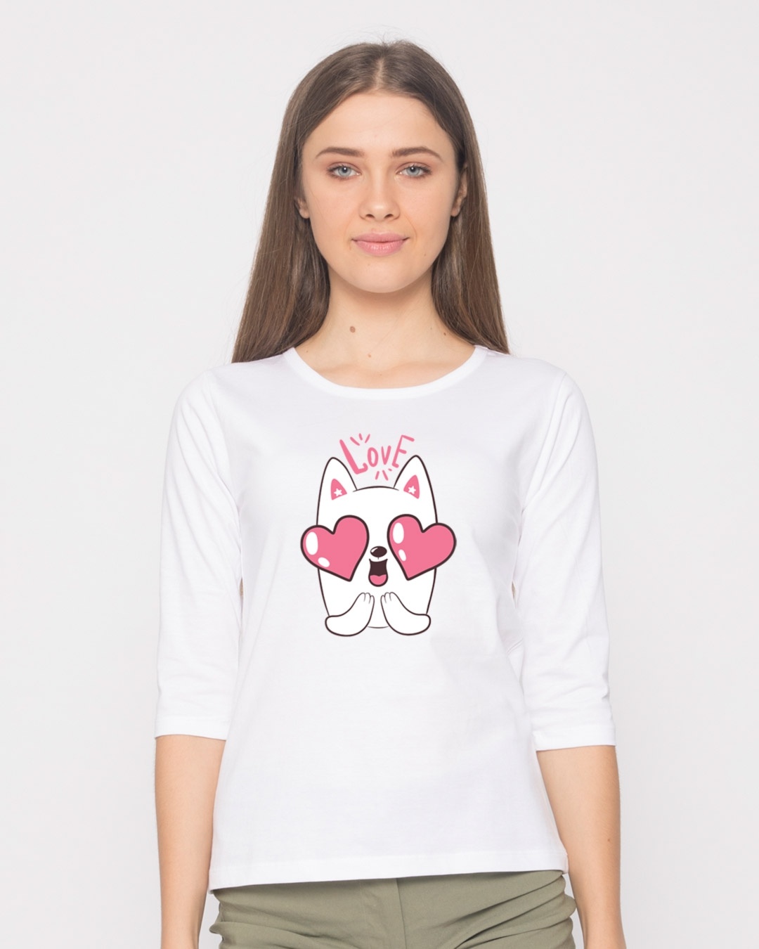 Shop Love Cat Round Neck 3/4th Sleeve T-Shirt-Front