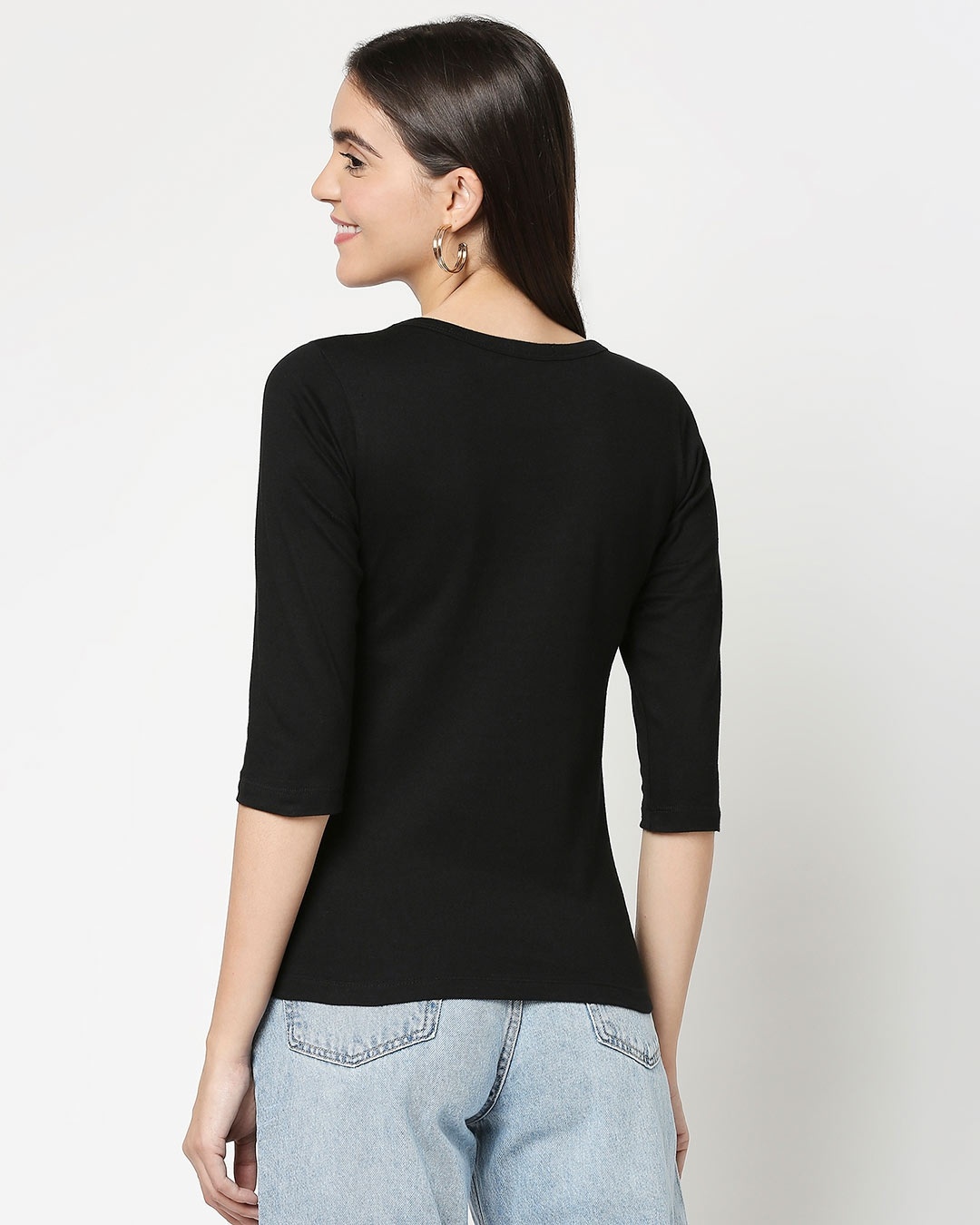 Shop Love Friends Round Neck 3/4 Sleeve T-Shirt Black-Design