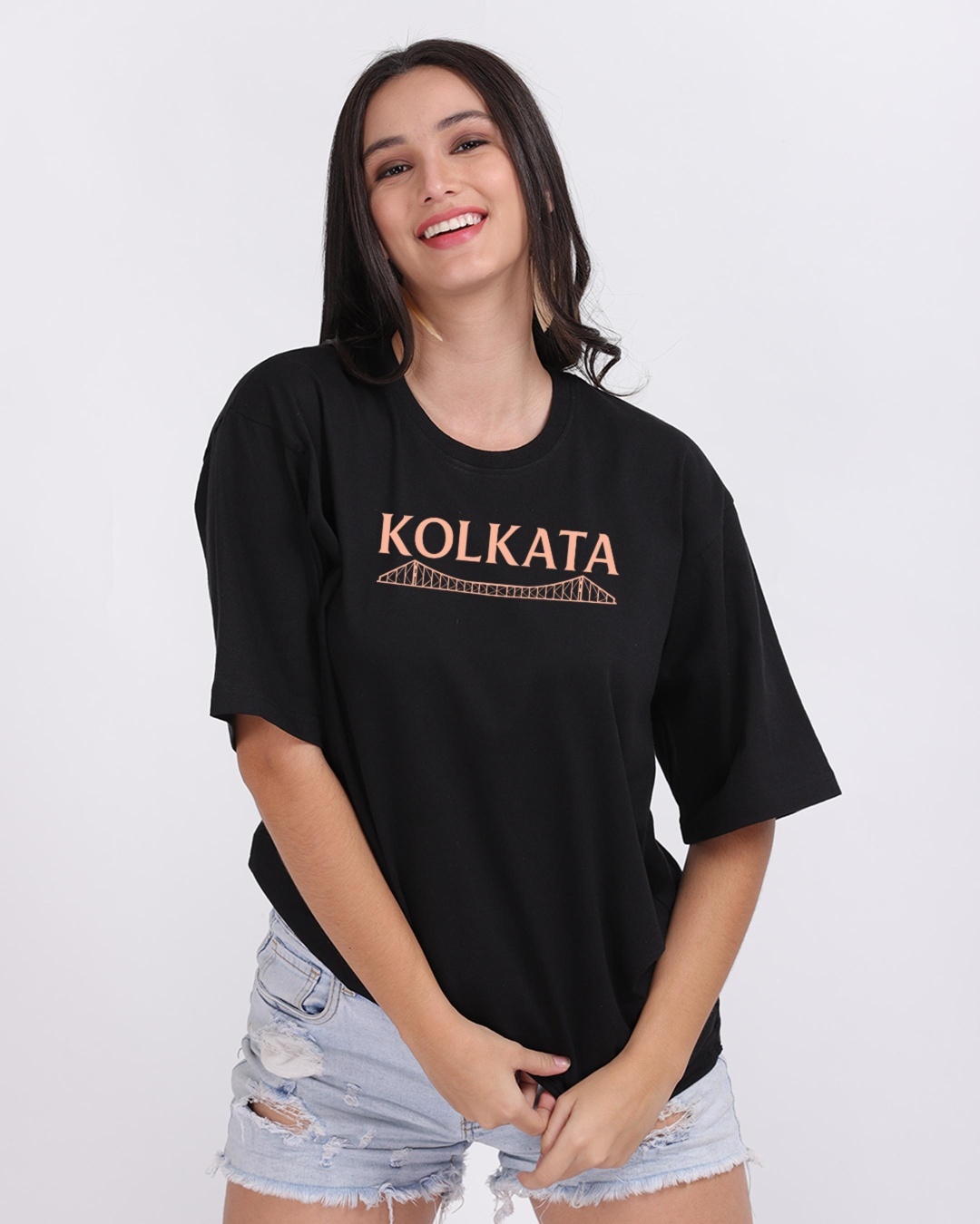 Shop Women's Black Kolkata Graphic Printed Oversized T-shirt-Front