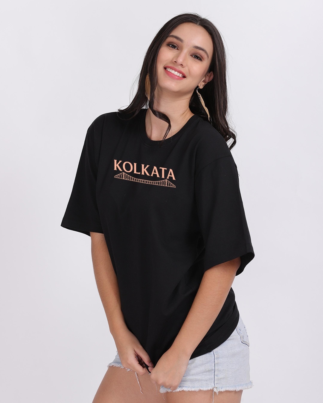 Shop Women's Black Kolkata Graphic Printed Oversized T-shirt-Back