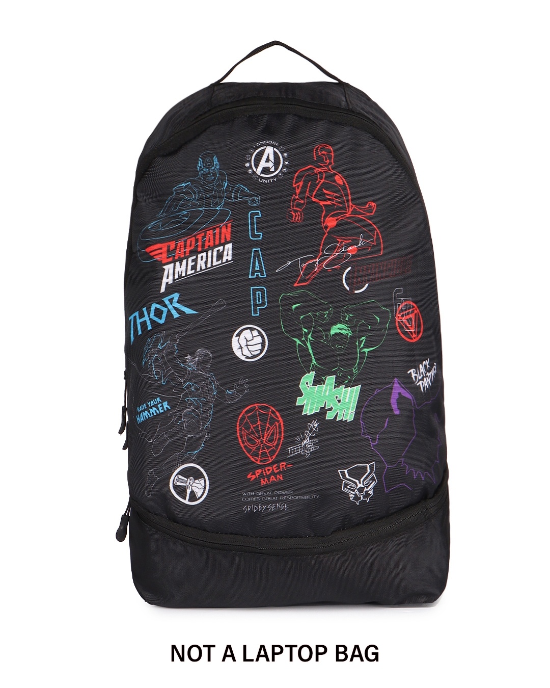 Buy Unisex Black Marvel Heroes Printed Small Backpack Online in India ...