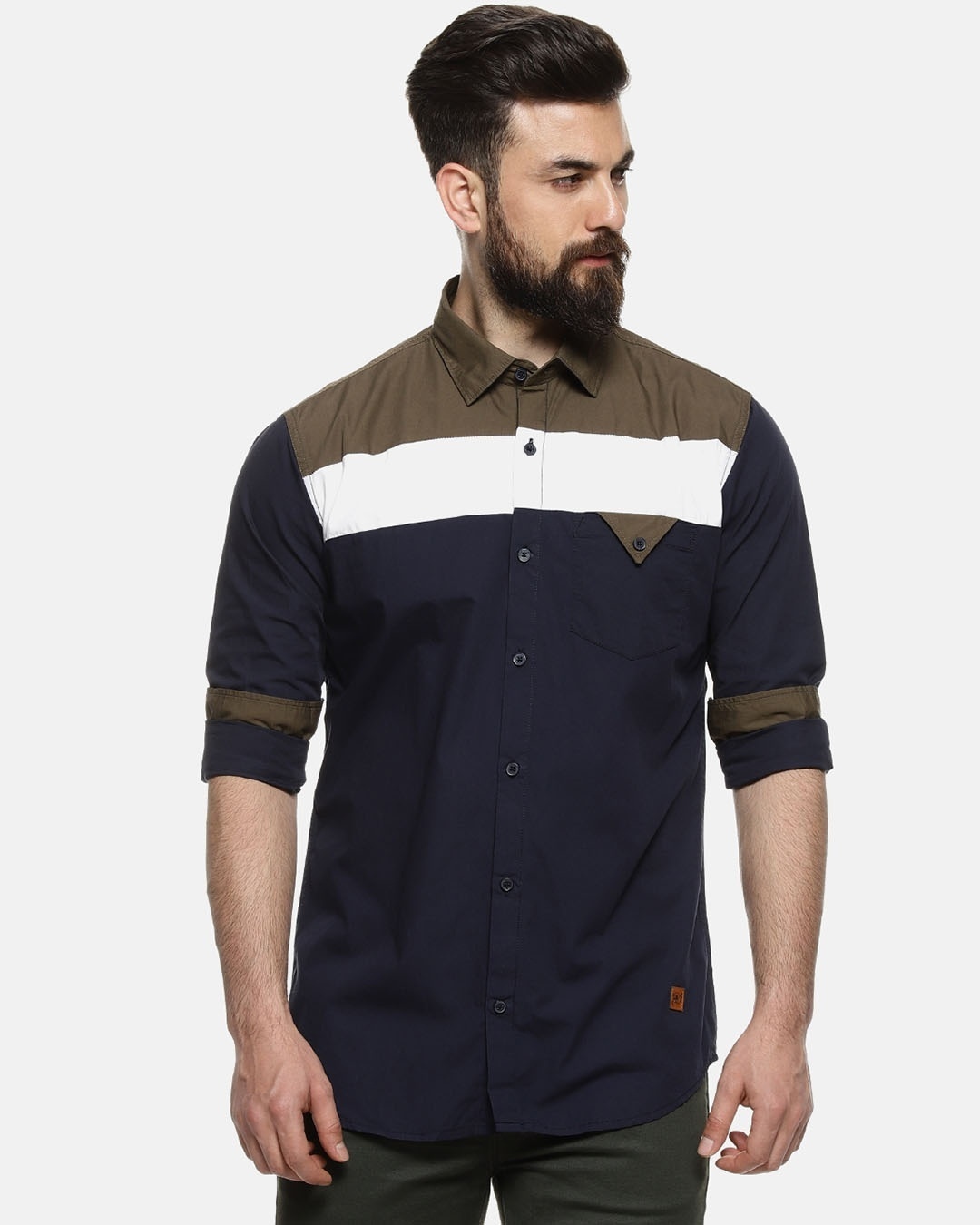 Shop Men Color Block Casual Spread Shirt-Front