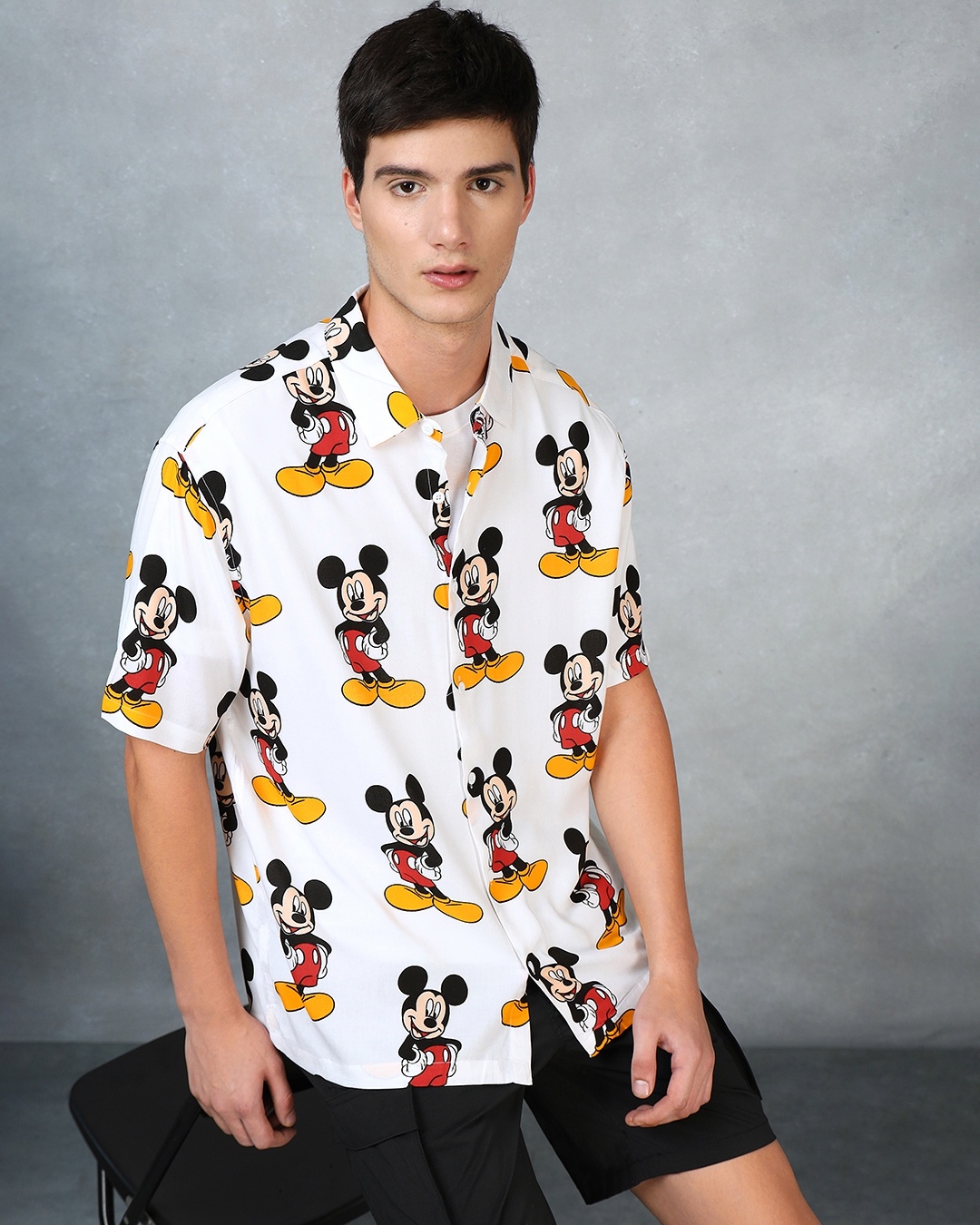 Men's White All Over Mickey Printed Oversized Shirt