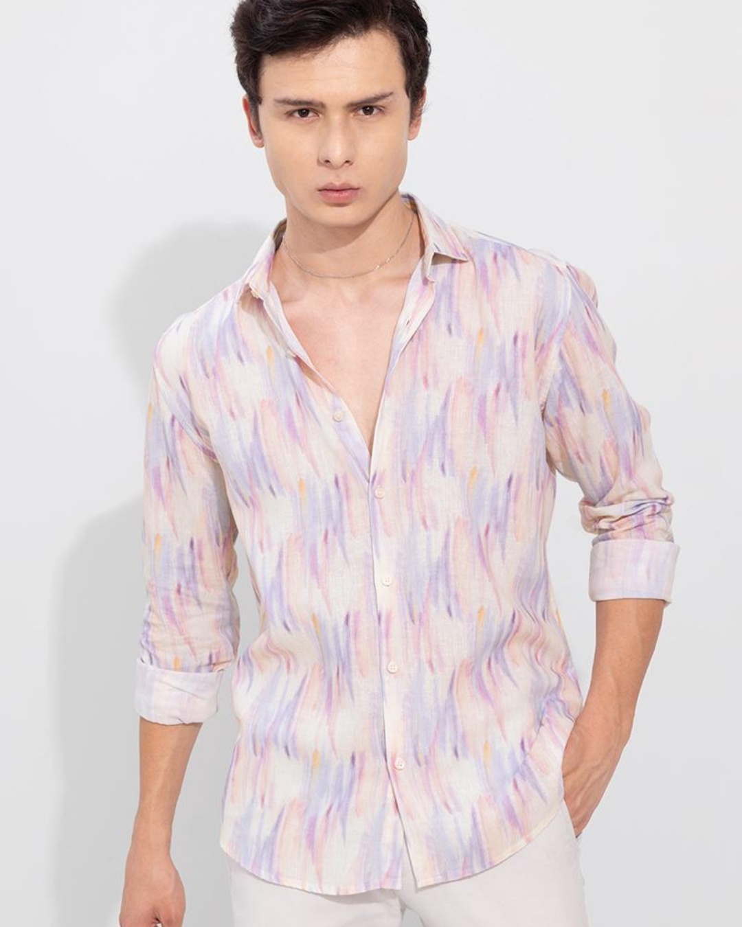 Shop Men's Beige Abstract Printed Slim Fit Shirt-Full