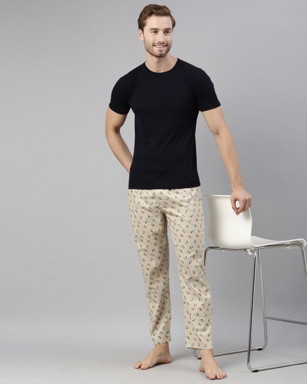 Shop Men's Beige All Over Fish Printed Cotton Pyjamas-Front
