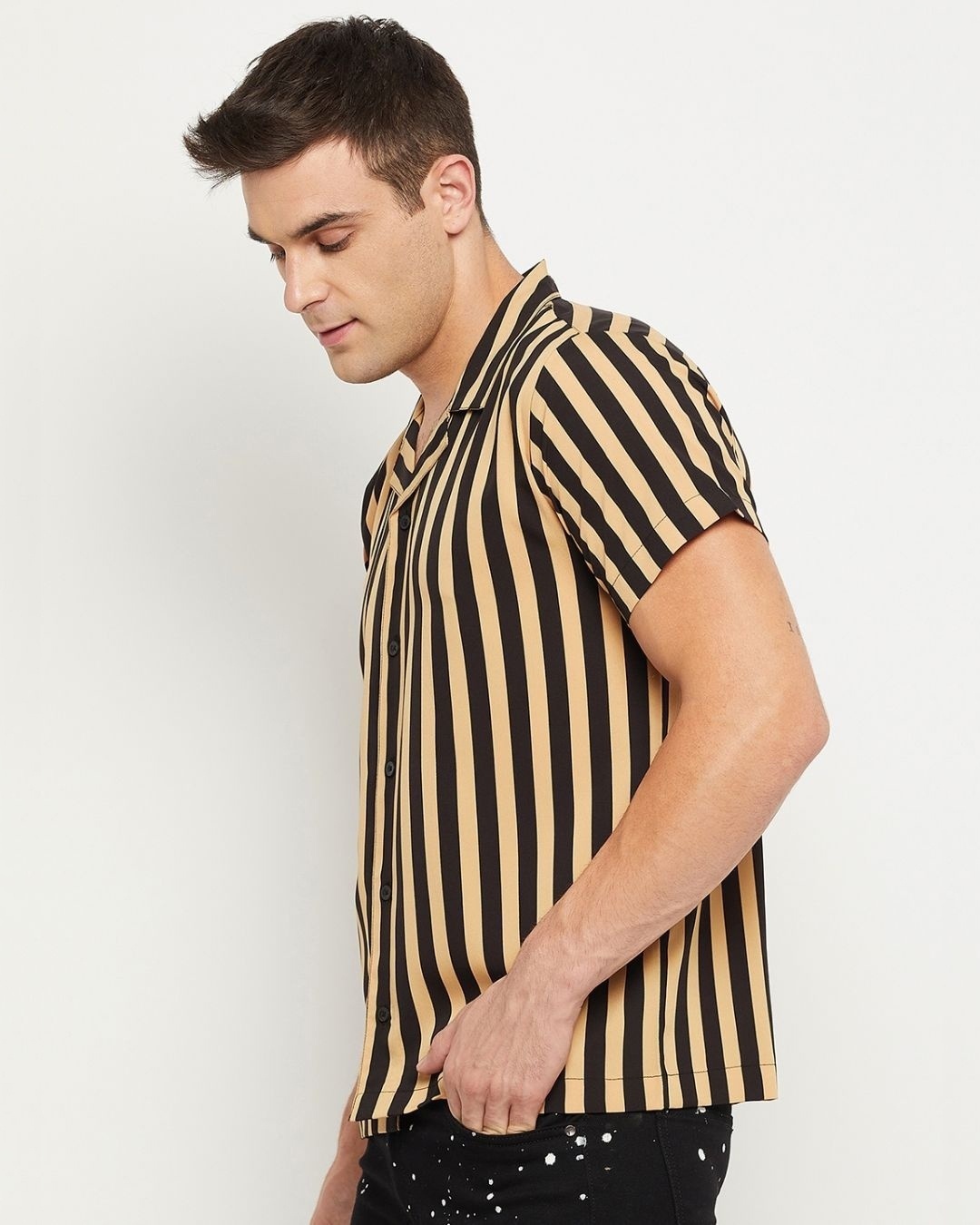 Shop Men's Beige & Black Striped Shirt-Full