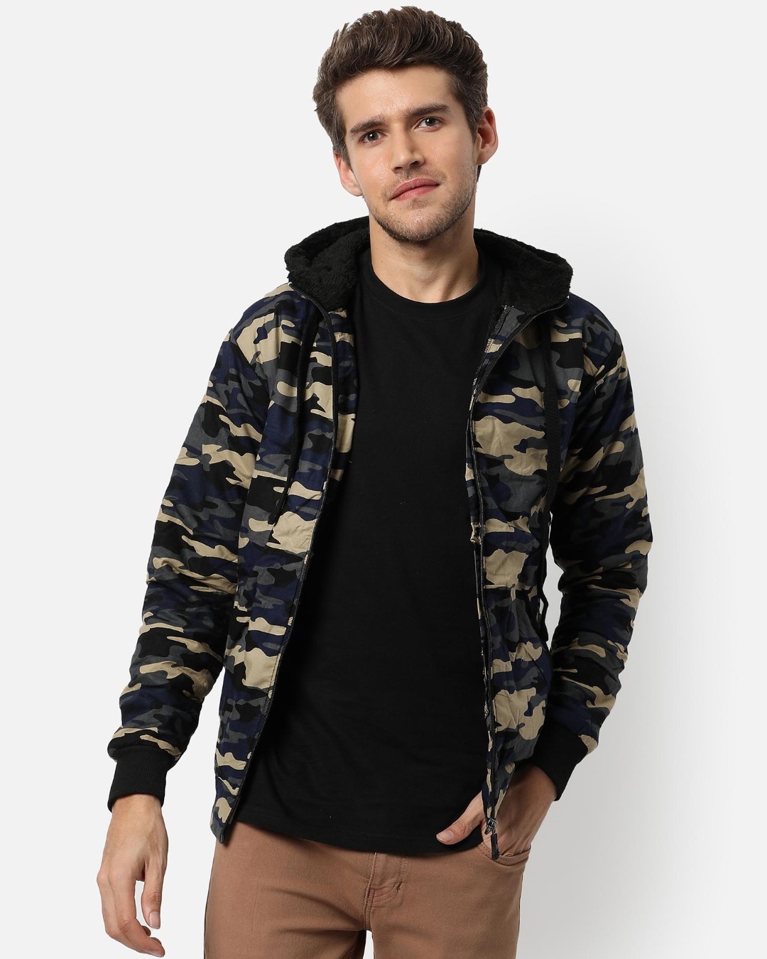 Shop Men's Beige and Blue Camouflage Hooded Jacket-Front
