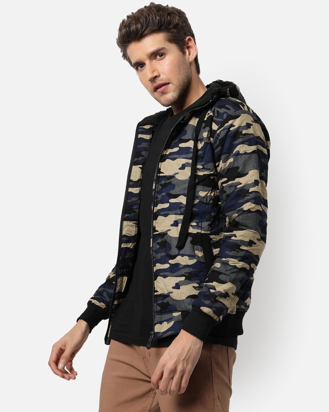 Shop Men's Beige and Blue Camouflage Hooded Jacket-Back