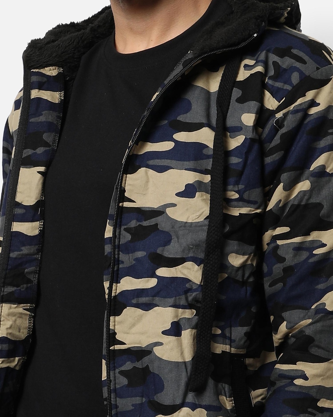 Shop Men's Beige and Blue Camouflage Hooded Jacket