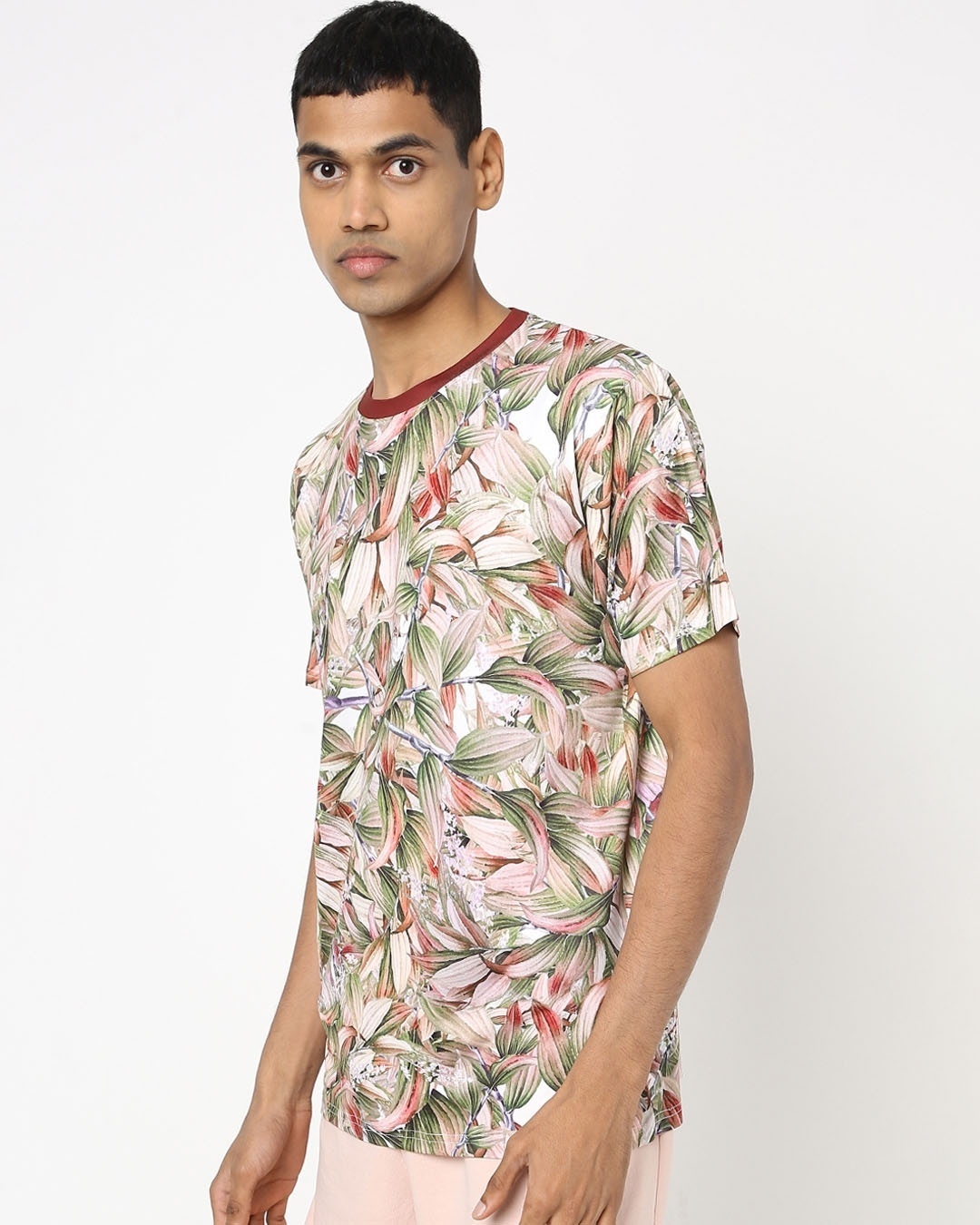 Shop Men's Beige & Maroon All Over Floral Printed T-shirt-Back